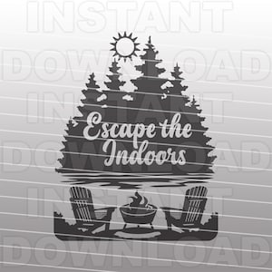 Escape the Indoors Adirondack Stühle Lagerfeuer Wald See Szene SVG-Datei - Vektor Kunst kommerzielle/persönliche Nutzung- Cricut,Cameo,Silhouette,Vinyl