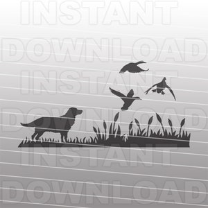 Perro Golden Retriever con patos voladores Archivo SVG, Caza de perros con armas SVG, Arte vectorial Uso comercial y personal, Cricut, Silhouette Cameo, calcomanía de vinilo