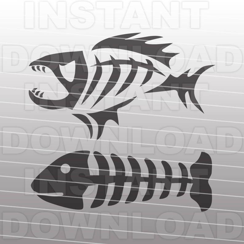 May include: Two black and white stylized fish skeletons. The top fish is larger and has a more detailed design. The bottom fish is smaller and simpler.