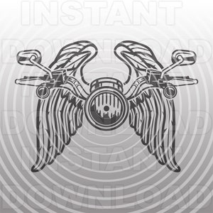 May include: Black and white motorcycle graphic with stylized wings extending from the headlight. The design includes handlebars and mirrors, set against a gray radial background. The word "INSTANT DOWNLOAD" is visible.