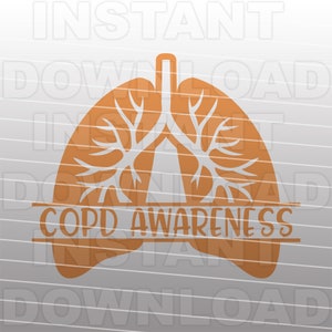 Puede incluir: Silueta naranja de pulmones con un diseño de árbol en su interior. El texto "COPD AWARENESS" está escrito en una pancarta debajo de los pulmones.