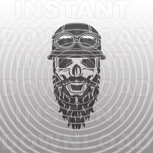 May include: Black and white illustration of a skull wearing a motorcycle helmet with goggles and a thick beard. The skull is smiling with its mouth open.