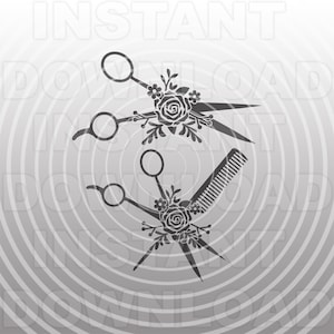 May include: Two pairs of black hairdressing shears with floral accents, one pair crossed over a black comb.