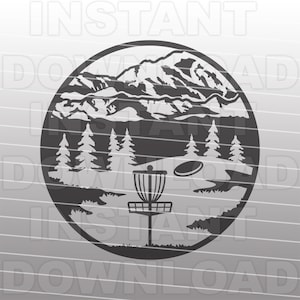 Escena de montaña de disc golf SVG, archivo SVG de disc golf - Arte vectorial para uso comercial y personal - Cricut, Silhouette, Cameo, calcomanía de vinilo, vinilo termoadhesivo