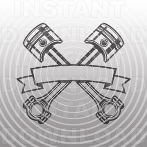 May include: A black and white illustration of two crossed pistons with a blank banner. The pistons are connected to a circular object with a hole in the center. The background is a gray circle pattern.