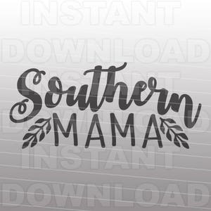 Op de afbeelding: Zwart-wit grafisch ontwerp met de tekst "Southern Mama" in een gestileerd lettertype. De tekst wordt omringd door twee kleine, bladerrijke takjes.