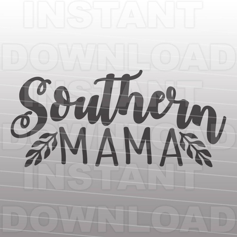 Op de afbeelding: Zwart-wit grafisch ontwerp met de tekst "Southern Mama" in een gestileerd lettertype. De tekst wordt omringd door twee kleine, bladerrijke takjes.