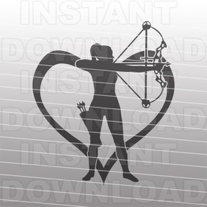 May include: A silhouette of a person holding a bow and arrow, with the bow and arrow inside a heart shape.