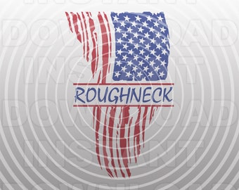 May include: A distressed American flag with a red, white, and blue color scheme. The flag is tattered and torn, with a white banner at the bottom that reads "ROUGHNECK".
