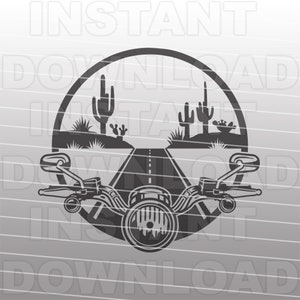 Kierownica motocyklowa SVG File, Arizona Desert Highway Scene SVG, Format wektorowy, Użytek komercyjny i osobisty, Cricut, Silhouette Cameo, Winyl SVG
