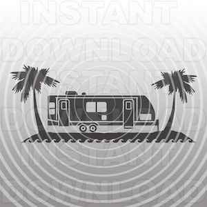 Travel Trailer 5th Wheel Camper with Palm Tree Beach SVG File,Samping SVG Images -Vector Art Commercial/Personal Use-Cricut,Silhouette Cameo