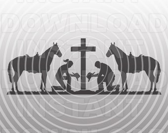Cowboy and Cowgirl with Two Horses Kneeling Praying at Memorial Cross SVG File -Commercial/Personal Use- Cricut,Silhouette,Cameo,Vinyl Decal