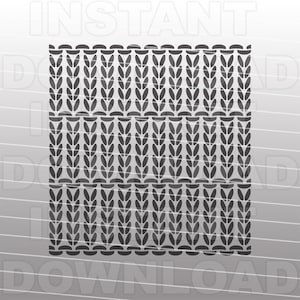 May include: Black and white graphic pattern of wheat stalks, a repeating design for knitting or crocheting.