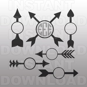 May include: A set of six black arrow designs with circles for personalization. The arrows are in various styles, including a traditional arrow with feathers, a simple arrow with a pointed tip, and a more modern arrow with a rounded tip. The circles are perfect for adding a monogram, initials, or a short message.