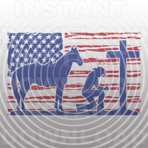 Cowgirl und Pferd kniend betend am Memorial Cross Distressed USA Flagge SVG Datei-Vector Art kommerzielle/persönliche Nutzung-Cricut,Silhouette,Cameo