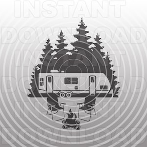 May include: A black and white illustration of a camper parked in a forest with two chairs and a campfire in front of it.