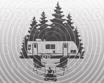 Travel Trailer RV Camper with Campfire SVG File,Vector Clip Art for Commercial & Personal Use,Cricut,Silhouette Cameo,Vinyl Decal