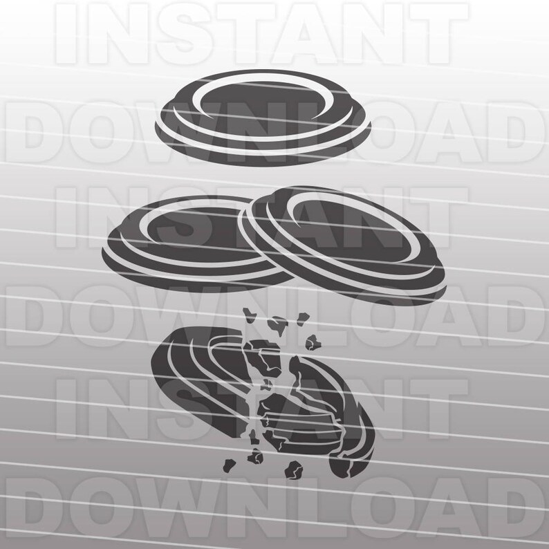 May include: A black and white illustration of three clay shooting targets. One target is whole, and the other two are broken into pieces.