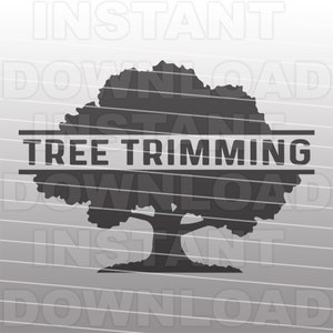 May include: Black and white silhouette of a tree with the text "TREE TRIMMING" in a banner above the tree.