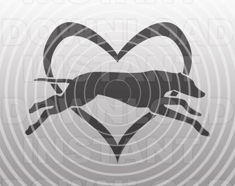 May include: A black silhouette of a greyhound running through a heart shape. The image is set against a background of concentric circles.
