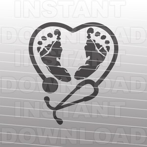 Archivo SVG de enfermera OB-GYN, corazón de estetoscopio con huellas de pies de bebé svg, formato vectorial, uso comercial/personal, Cricut, silueta Cameo, calcomanía de vinilo