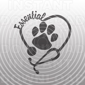 Puede incluir: Diseño gráfico en blanco y negro de un estetoscopio en forma de corazón con una huella de pata en el centro. El texto "Essential" está escrito en una fuente cursiva sobre el corazón.