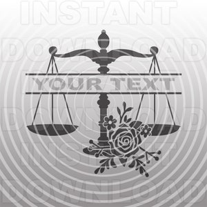 May include: A grayscale graphic of a balance scale with the words "YOUR TEXT" in the center. A floral arrangement of roses and other flowers is on the right side of the scale.