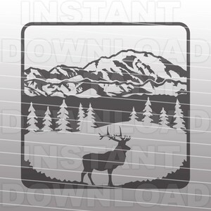 May include: A black and white silhouette of a mountain range with a forest in the foreground and a large elk standing in the snow.