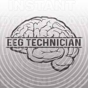 Puede incluir: Ilustración en escala de grises de un cerebro con el texto "EEG TECHNICIAN" en negrita. El cerebro está detallado, con fisuras y pliegues visibles. El fondo presenta círculos grises concéntricos.