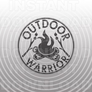May include: Black and white illustration of a campfire with the text "OUTDOOR WARRIOR" in a circle around it.