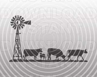 May include: A grayscale silhouette of a rural scene featuring a windmill and a herd of cows grazing. The windmill is on the left, with the cows and a calf in the center. The words "INSTANT DOWNLOAD" are in the background.