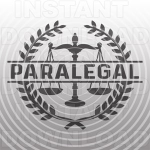 Könnte beinhalten: Schwarz-weiße Silhouette einer Justiwaage mit einem Lorbeerkranz darum. Das Wort "PARALEGAL" ist auf einem Banner unter der Waage geschrieben.