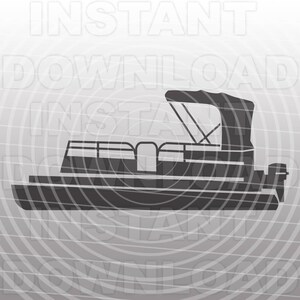 May include: A black silhouette of a pontoon boat with a canopy, a bench seat, and an outboard motor.