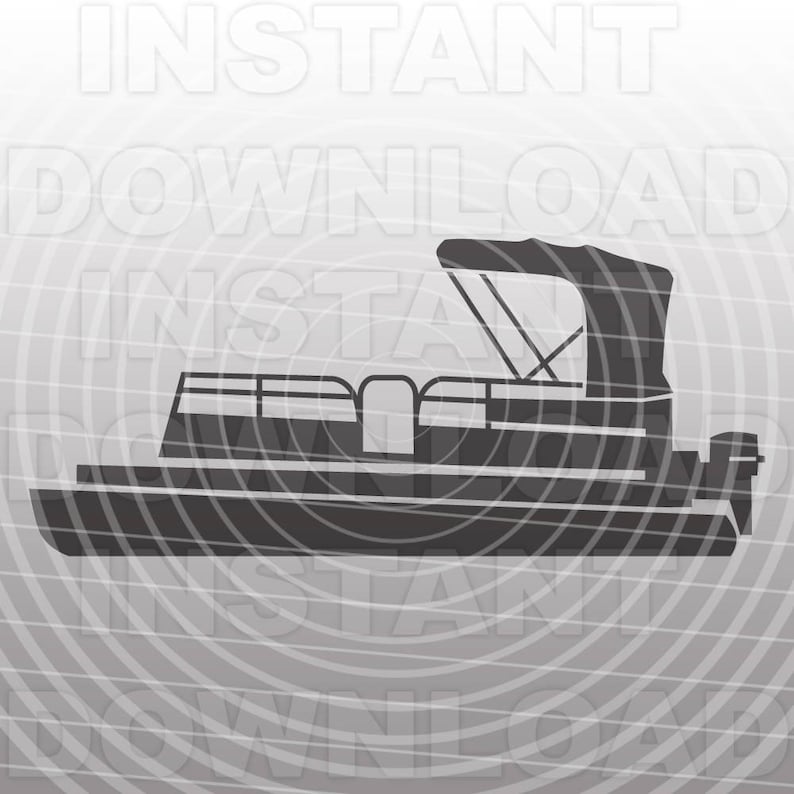 May include: A black silhouette of a pontoon boat with a canopy, a bench seat, and an outboard motor.