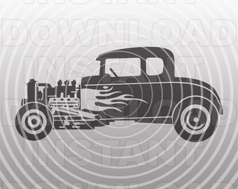 May include: A black and white silhouette of a vintage hot rod car with flames painted on the side. The car has a large engine and large wheels.