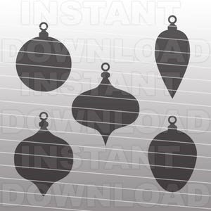 May include: Five different silhouette designs of Christmas baubles. The baubles are all black and are in the shape of a teardrop, a round ball, a star, a bell, and a heart.