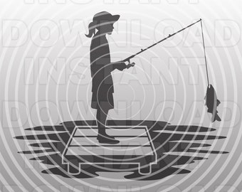 Young Girl with Fishing Rod Fishing on Lake Dock SVG File,Girl Catching Fish svg -Commercial & Personal Use- Cricut,Silhouette Cameo,vinyl