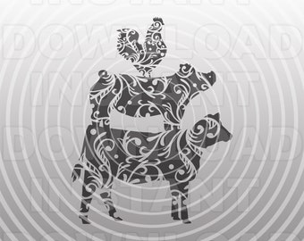 May include: Silhouette of a rooster, pig, and cow, all with a decorative floral pattern. The animals are stacked on top of each other, with the rooster on top.