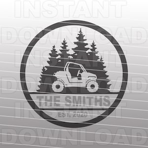 May include: Black and white silhouette of a small off-road vehicle driving through a forest. The vehicle is in a circle with the text "The Smiths Est. 2020" below it.