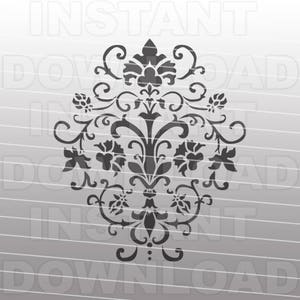 May include: A black and white damask pattern with intricate floral details. The design features a central motif with swirling vines and leaves, surrounded by smaller floral elements.