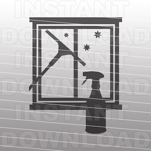 Op de afbeelding: Een zwart-witte illustratie van een raam met een rakel en een spuitfles. Het raam is schoon en glanzend, met sterren op de achtergrond.