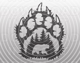 Bear in Bear Paw Print Forest Scene SVG File,Grizzly Bear SVG -Vector Art Commercial & Personal Use- For Silhouette,Cameo,Cricut,Vinyl Cut