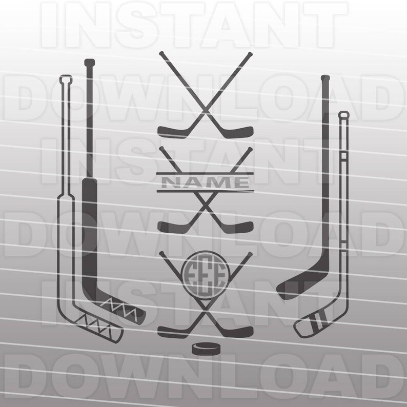 May include: A black and white design featuring hockey sticks and a puck. The design includes the text "NAME" and a monogrammed circle with the letters "EEE".