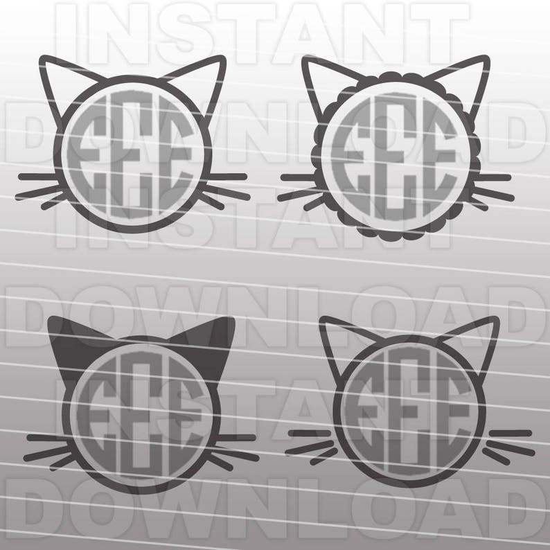 May include: Four black and white cat head silhouettes with a circle in the middle for a monogram. The circle has a decorative border on the top two cat heads.