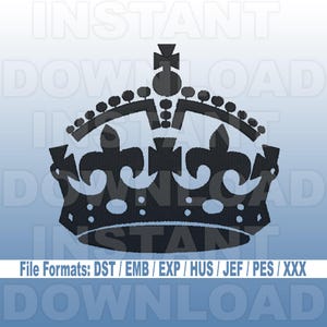 May include: Black and white silhouette of a crown with a cross on top. The text "File Formats: DST / EMB / EXP / HUS / JEF / PES / XXX" is below the crown.