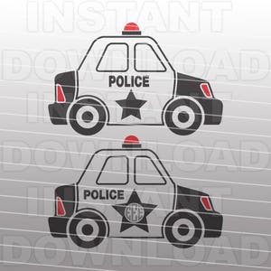 May include: Two black and white police car illustrations. Each car has a red light on top, the word "POLICE" on the side, and a black star. One car has a star with the letters "GEE" inside.