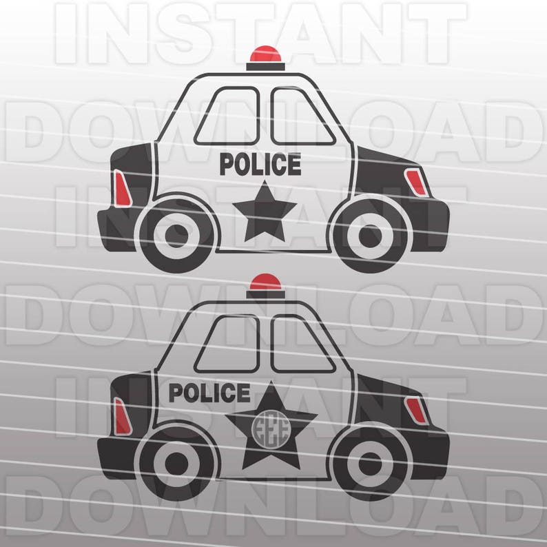 May include: Two black and white police car illustrations. Each car has a red light on top, the word "POLICE" on the side, and a black star. One car has a star with the letters "GEE" inside.