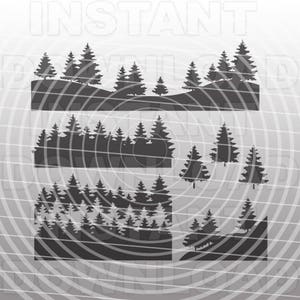 May include: Silhouettes of pine trees in a forest setting. The trees are arranged in three rows, with the top row showing a single row of trees against a hill, the middle row showing a dense forest, and the bottom row showing a more sparse forest with a few trees in the foreground.