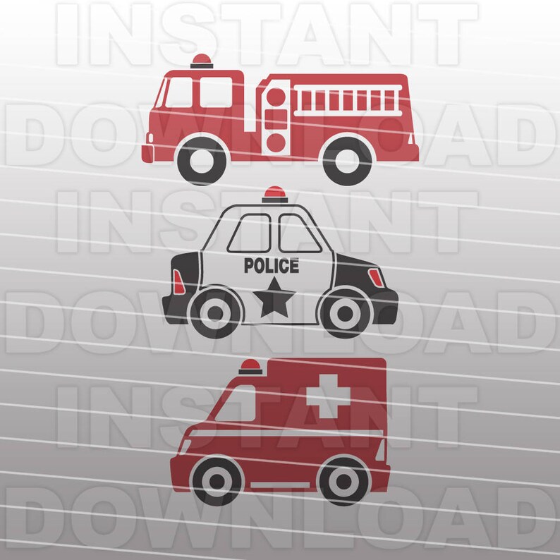 May include: Three cartoon vehicles: a red fire truck with a ladder, a black and white police car with a star, and a red ambulance with a white cross. Each vehicle has a flashing light on top.