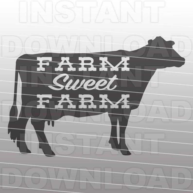 以下が含まれることがあります： グレーの背景に白い文字で「Farm Sweet Farm」と書かれた牛のシルエット